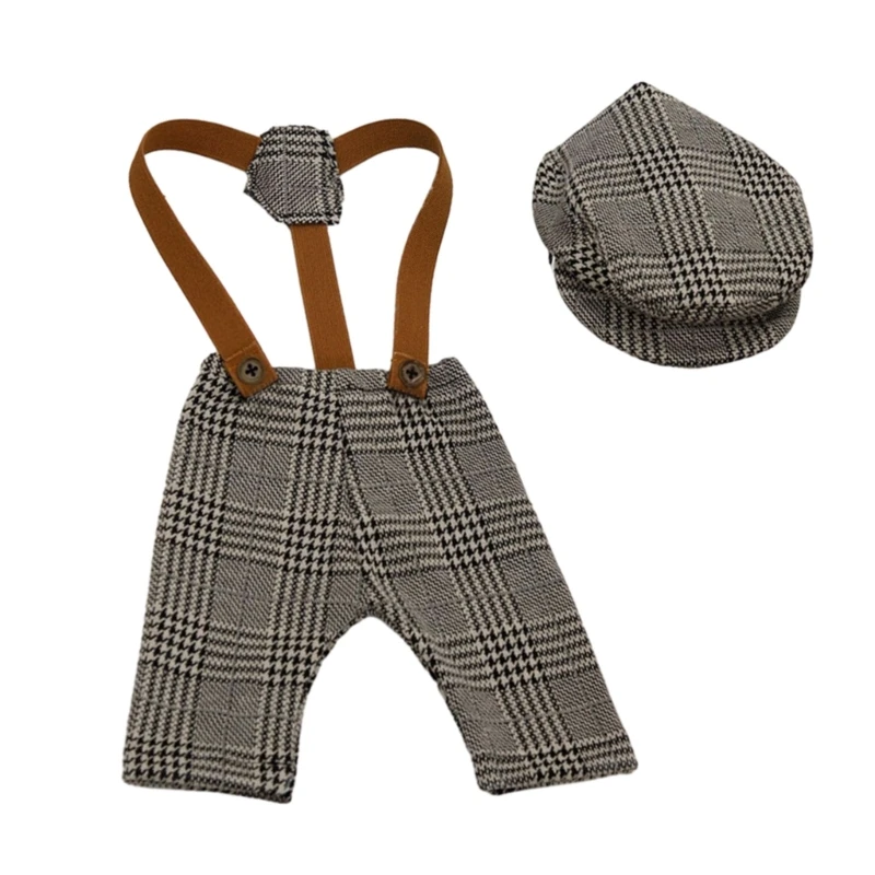 Gentleman Outfit for Unforgettable Photos Checkered Overalls with Hat Set P31B