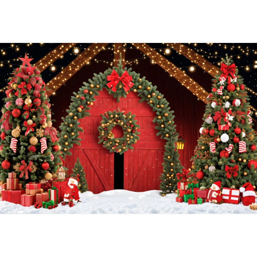 Christmas Backdrop Red Wooden Door Xmas Tree Forest Gifts Fireplace Wreath Christmas Kids Family Portrait Photography Background