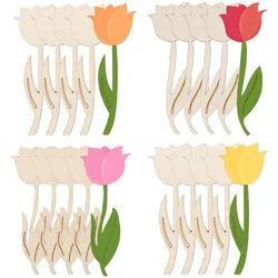 12Pcs Wooden Tulip Flower Ornament Unfinished DIY Painting Crafts Spring Home Decoration Happy Easter Party Kids Gifts Supplies