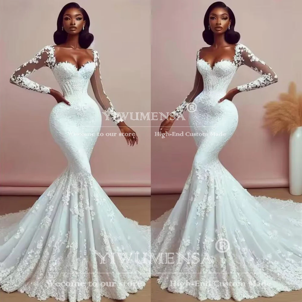 Elegante preto meninas sereia vestidos de casamento personalizado mangas compridas rendas apliques vestido de noiva trem varredura roupas de noiva africano