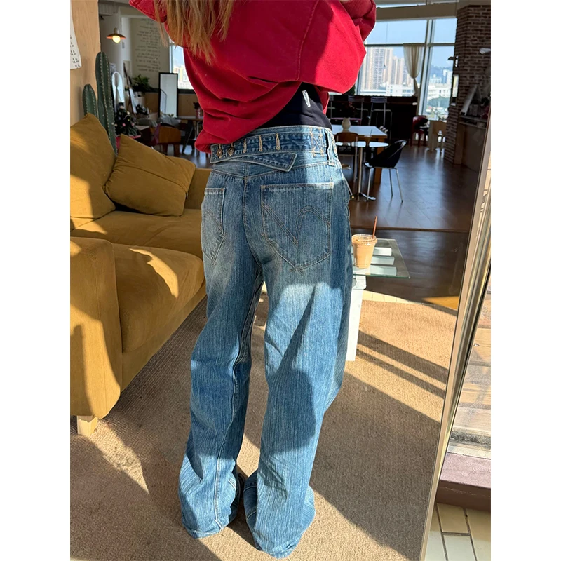 

Loose Straight American Sle Waed Bamboo Node Denim Jeans Women's Casual Loose Fit All-Match Pants Paris Bule Design