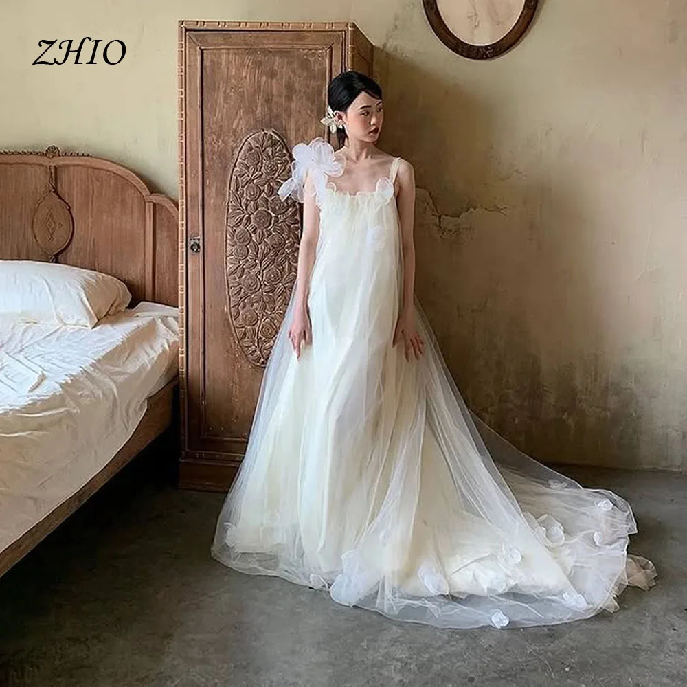 ZHIO Fairy 3D Flowers Tulle Wedding Party Dresses Korea Women Photo shoot Backless Straight Gowns Formal Prom Dress Customized