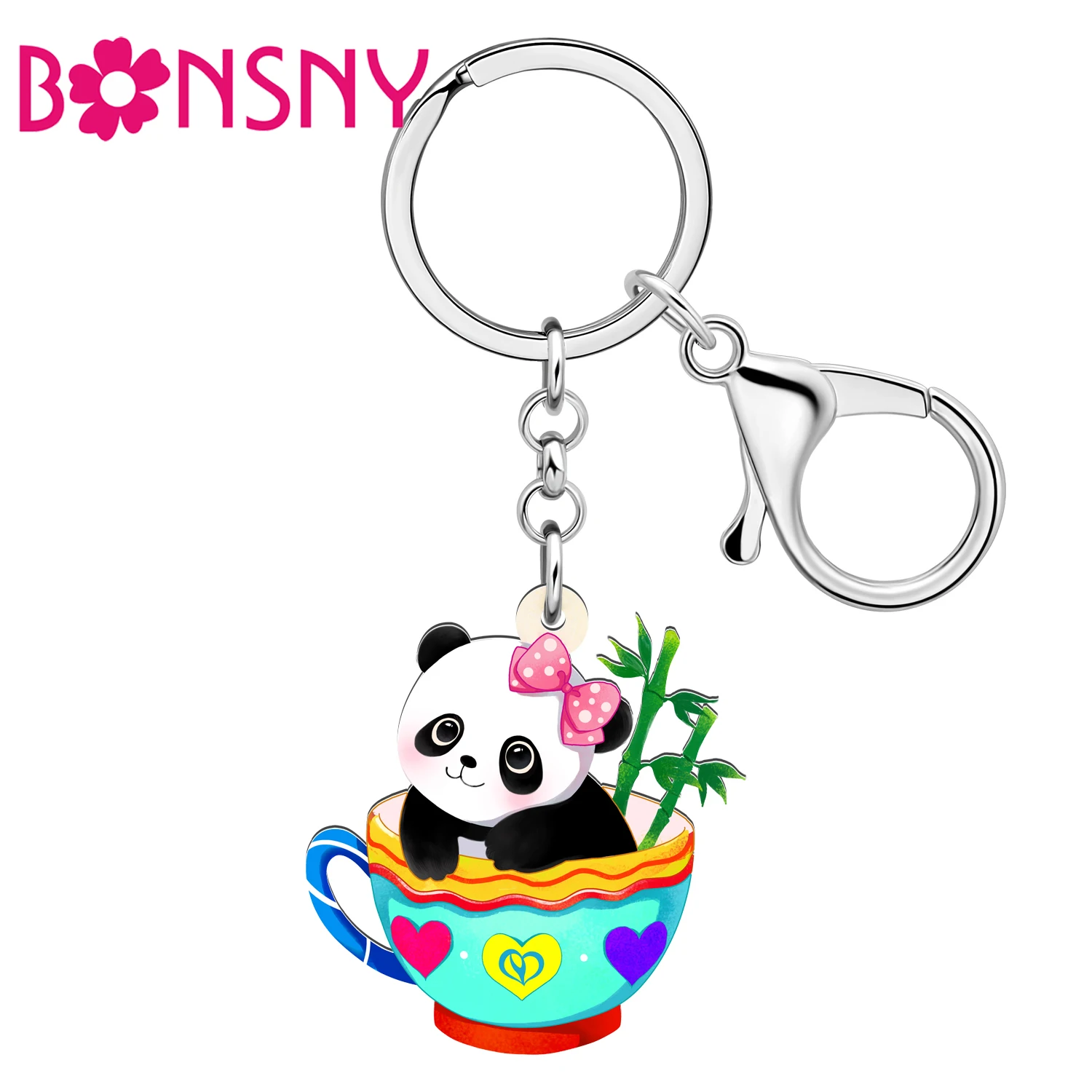 

BONSNY Acrylic Sweet Cup Bamboo Panda Keychains FloralCute Animals Key Ring Chains Purse Car Charm for Women Girls Gifts Jewelry