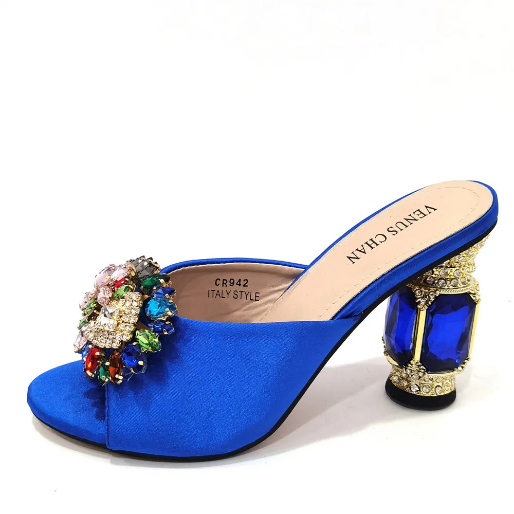 Sweet Spot Goods Italian Design Simple and Elegant Colorful Rhinestones Blue Color Women's Shoes and Party Wedding Bags