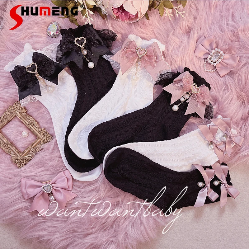 Original Handmade Lolita Girl Stockings Kawaii Mine Series Knee Socks 2023 Fall Winter Cute Love Heart Bow Tie Lace Long Socks