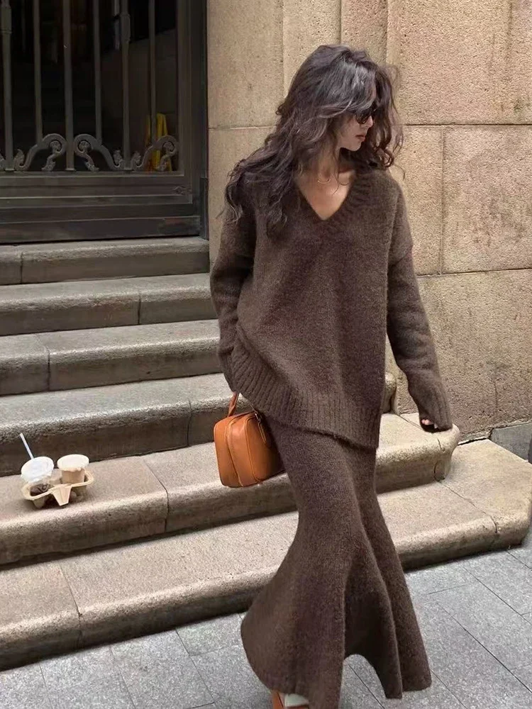 Para as mulheres inverno vintage decote em v solto quente pulôver coreano cintura alta midi saias conjunto de camisola de malha saias 2 peça conjunto
