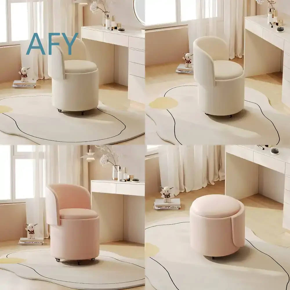 Aesthetic Vanity Stool with Storage for Bedroom – Foldable Backrest Modern Makeup Chair for Small Spaces Space-Saving Vanity