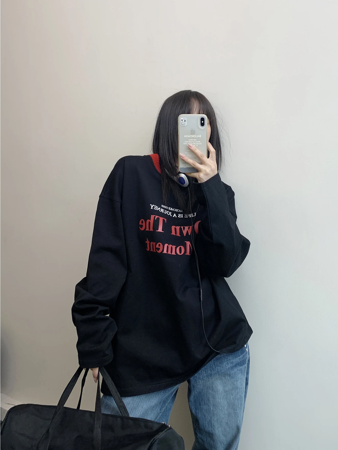 

Chic Pure Cotton Long Sve T-irt for Women with Color Blo Letter Print Loose Fit Casual Sle Autumn Faion Top