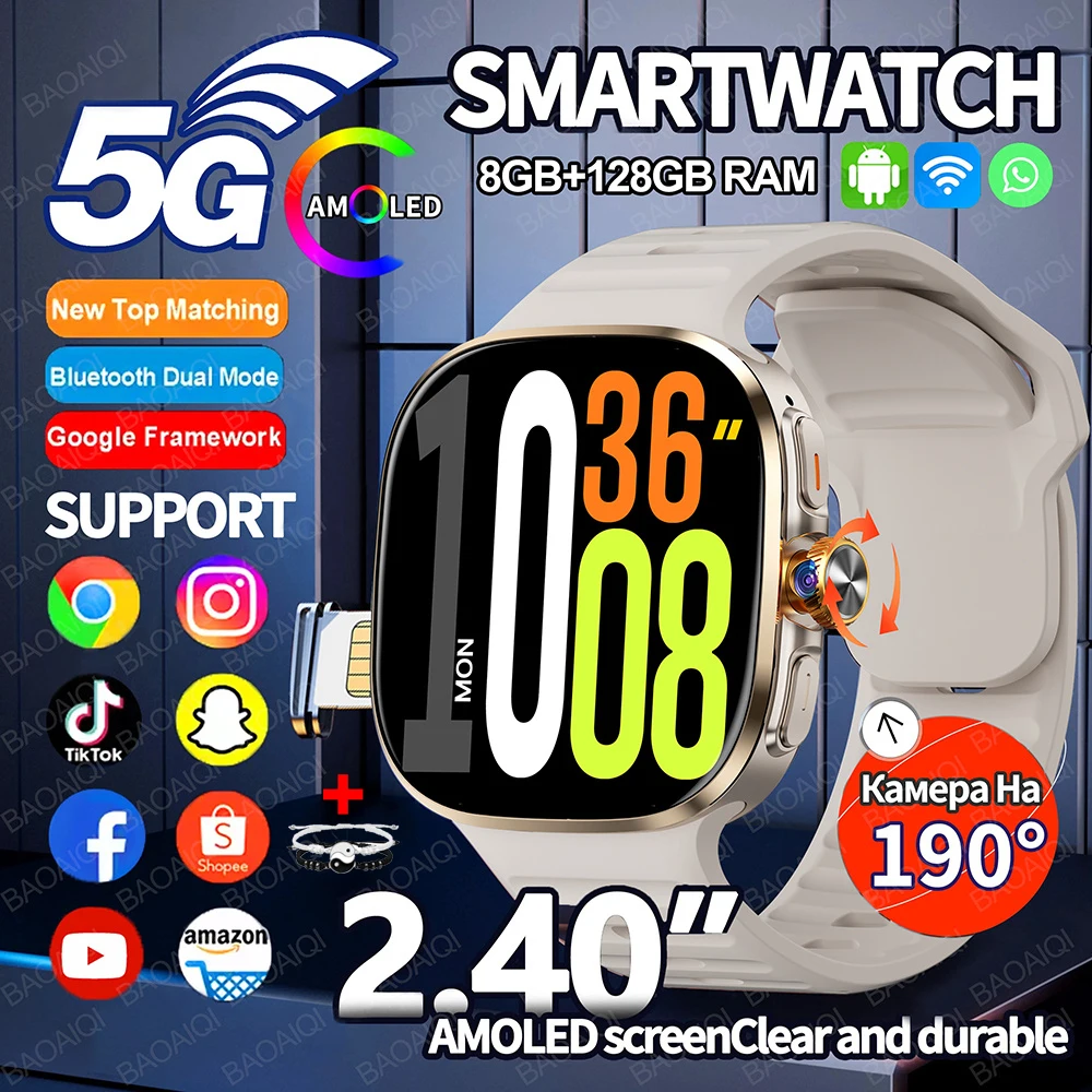 5G/4G Smart Watch 2.40 inch AMOLED 8GB+128GB RAM 2100mah Battery 900W Camera GPS WIFI Google APPS Download Android 10 Smartwatch