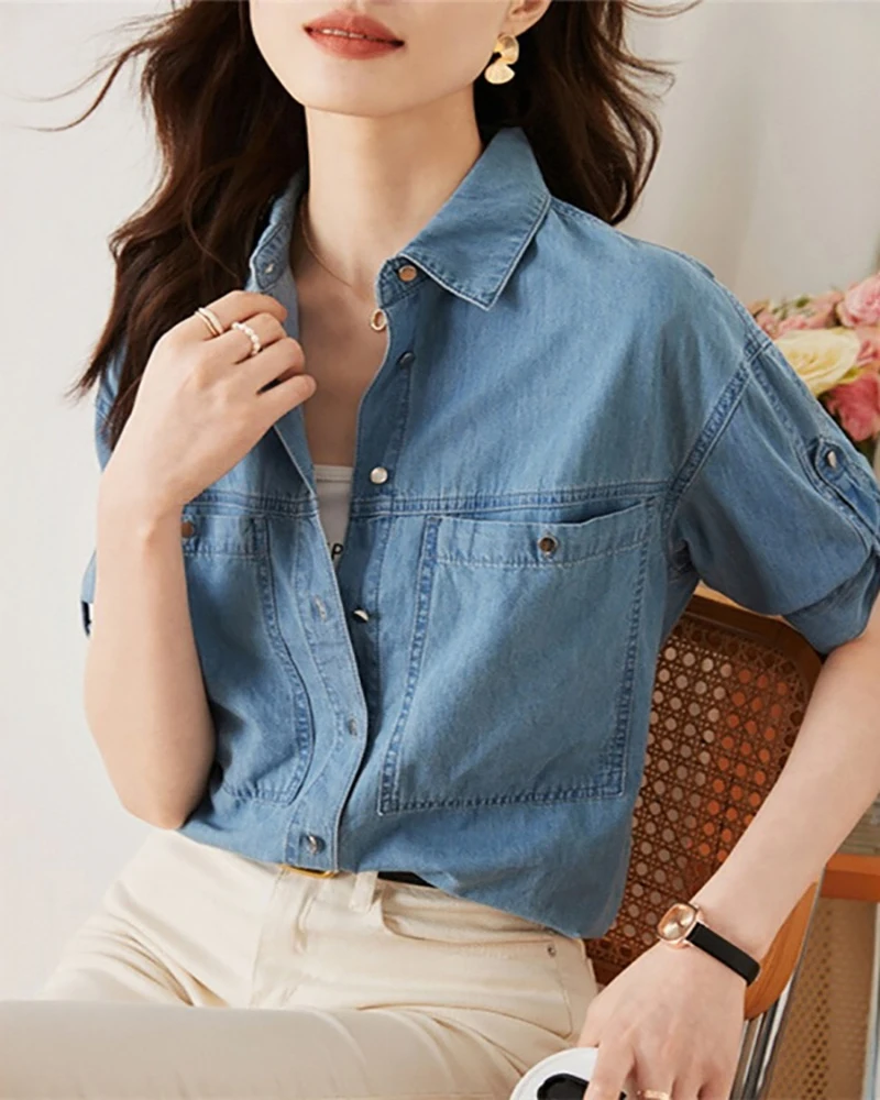 

Casual Denim Shirts Women Trends 2025 Korean Fashion Vintage Short Sleeve Loose Jean Top Blusas Single-Breasted Commute Shirts