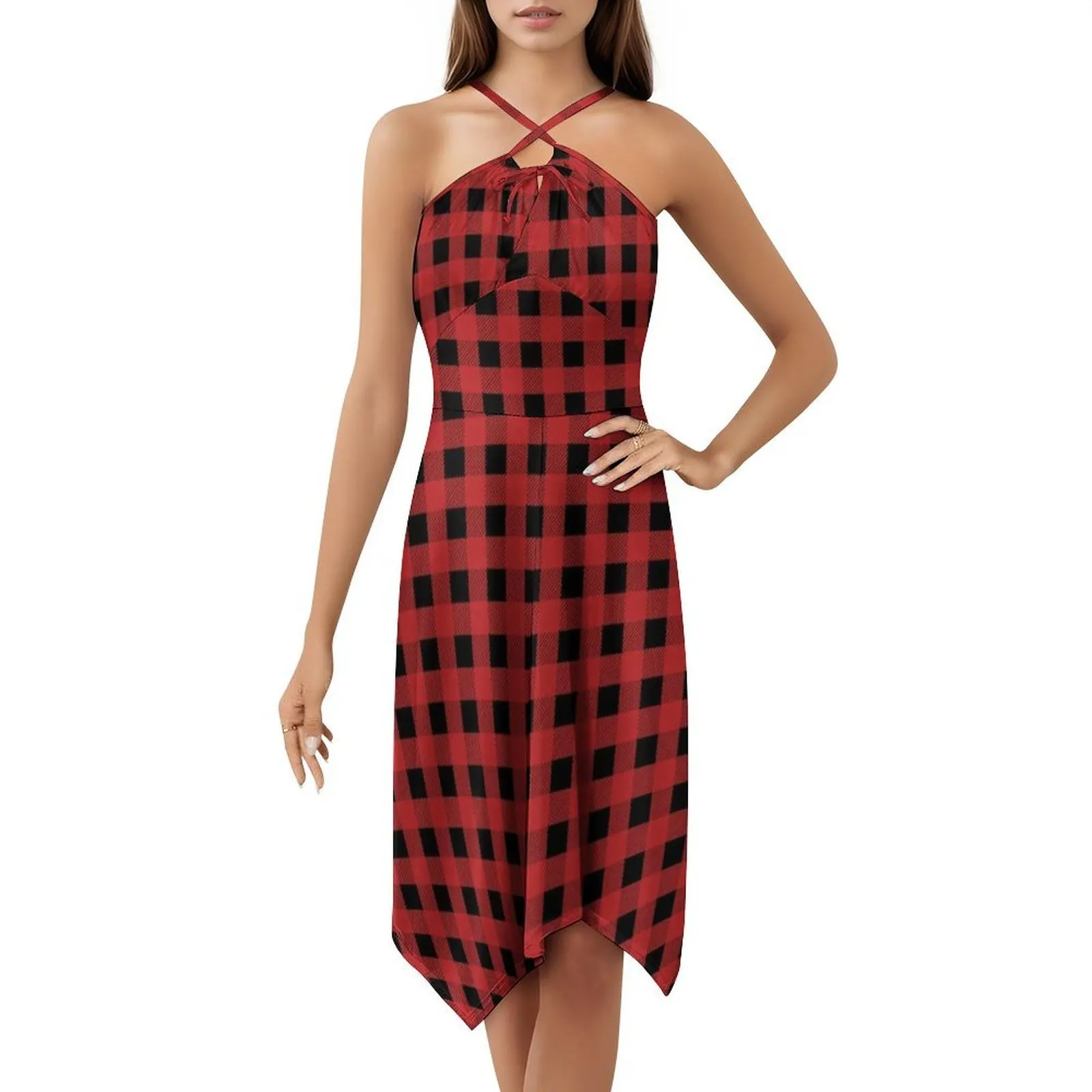 فستان بوهيمي منقوش باللونين الأحمر والأسود بدون أكمام للنساء، فساتين حفلات الشاطئ المطبوعة، منتجات متطابقة ممتعة #5