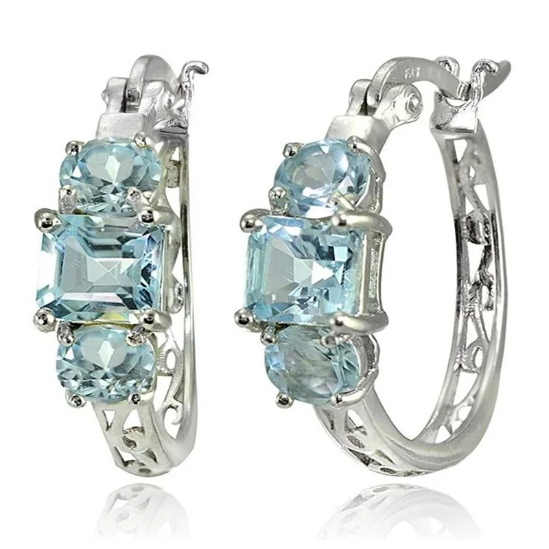Luxury Dazzle Inlaid Blue Geometry Synthetic Zirconia Silvery Hoop Earrings for Women Fashion Charm Banquet Anniversary Jewelry