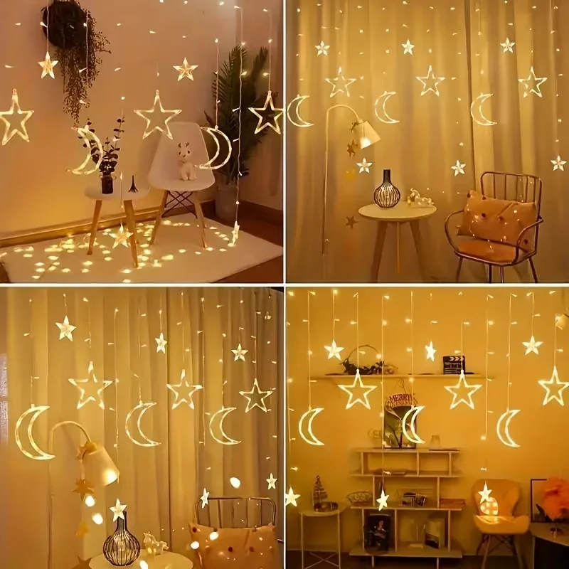 Luci a corda per tende a forma di stella lunare a LED alimentate tramite USB Lampada da atmosfera romantica sospesa calda/multicolore per decorazioni per Ramadan per feste al coperto