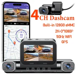 4CH Dash Cam 2K+3*1080P 360° View Car DVR 5G Wifi GPS Built-in 128GB eMMC Voice Control 24H Parking Monitor Super Night Vision