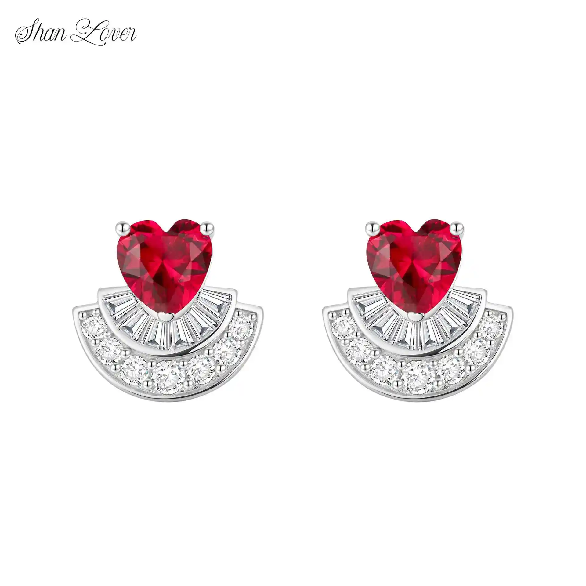 

ShanLover Brand 5A Grade Heart Shaped Design Fan Shaped Zircon Stud Earrings 925 Sterling Silver Earrings for Women Jewelry