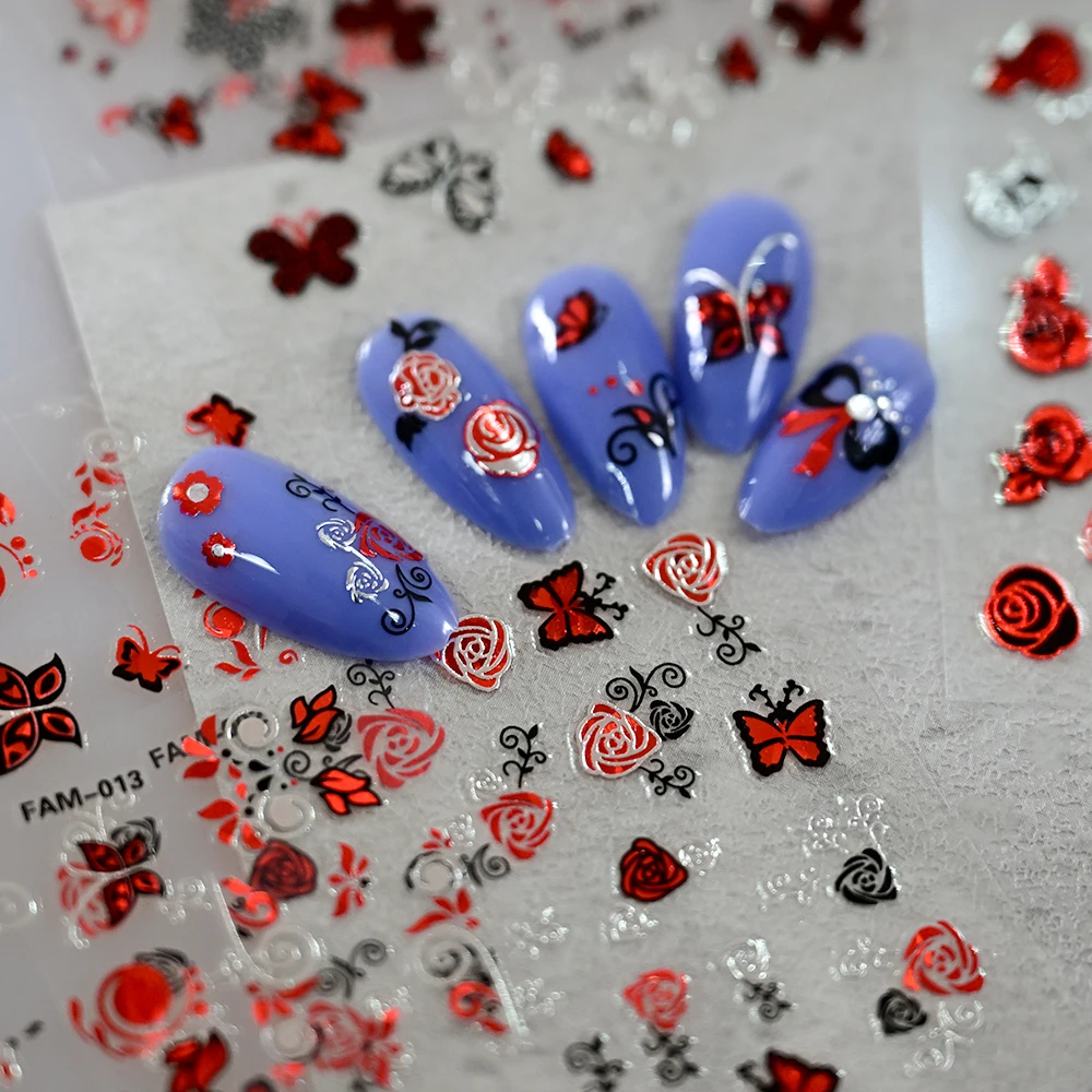 30pcs Black Red Rose Butterfly Nail Art Stickers 3D Retro Holographic Glitter Nail Decals Charms Adhesive Girls Manicure Sliders