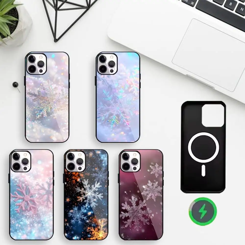 

Зимний рождественский чехол для телефона со снежинками для iPhone 17,16,15,14,13,12,11 Макс, черный защитный чехол с беспроводной зарядкой