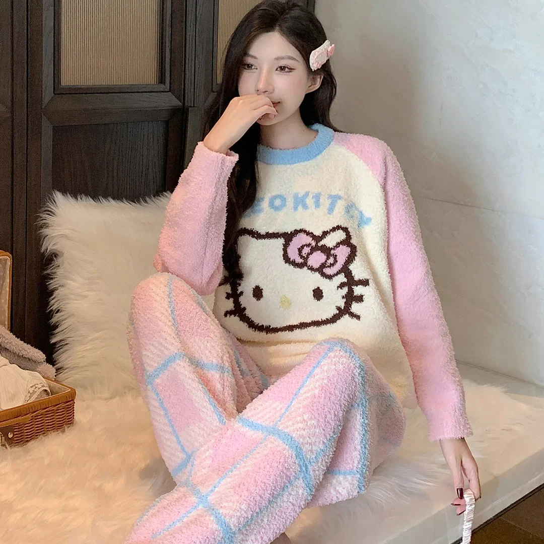 Hello Kitty Color Block Fleece Pajamas Long Sleeve Top Pants Soft Autumn Homewear Winter Sleepwear Clothing Sets for Women