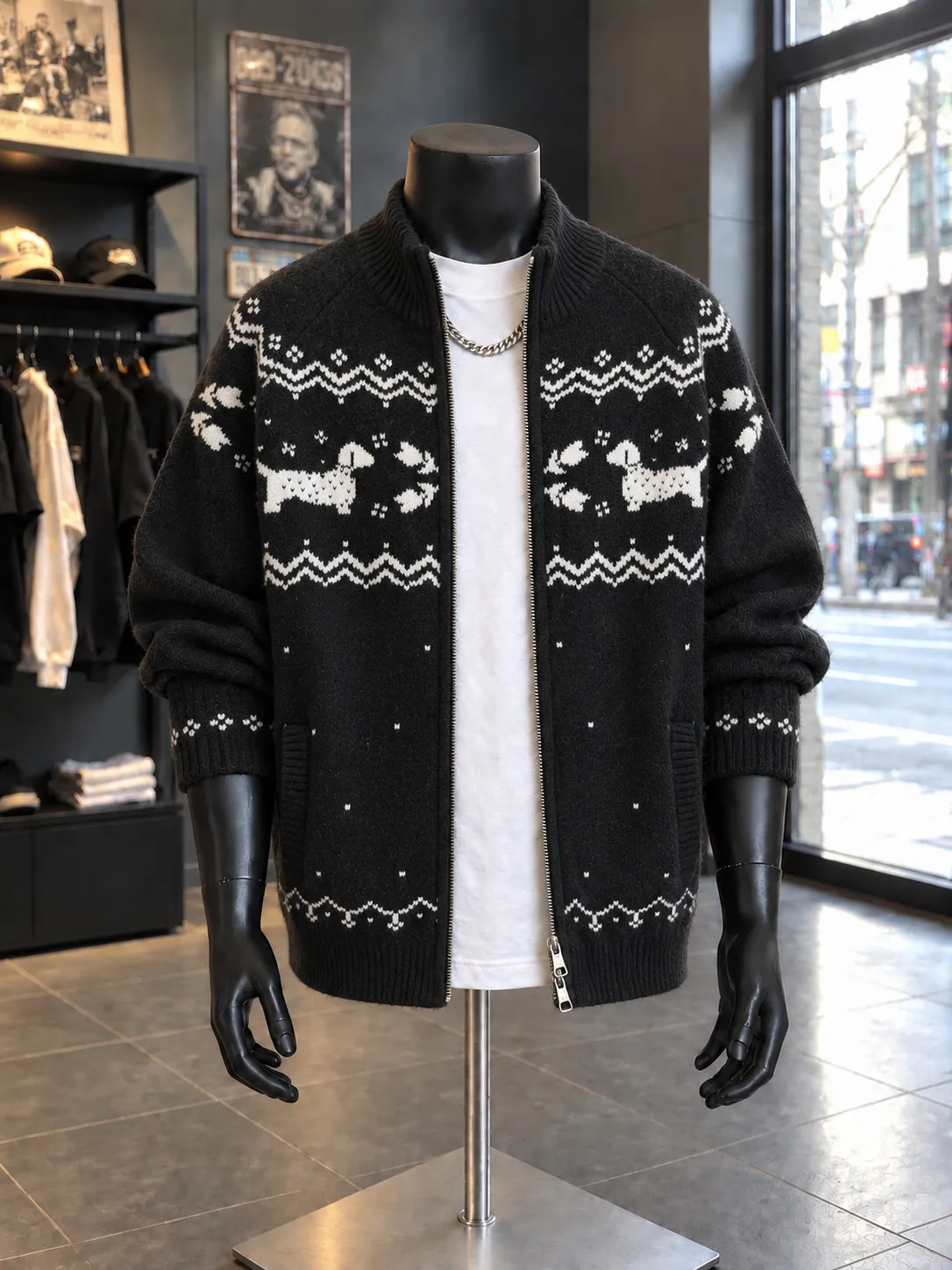 Loose Christmas Pattern Knitted Cardigan Men's Sweater Fair Isle Style Stand Collar Long Sleeve Warm Outerwear for Autumn Winter