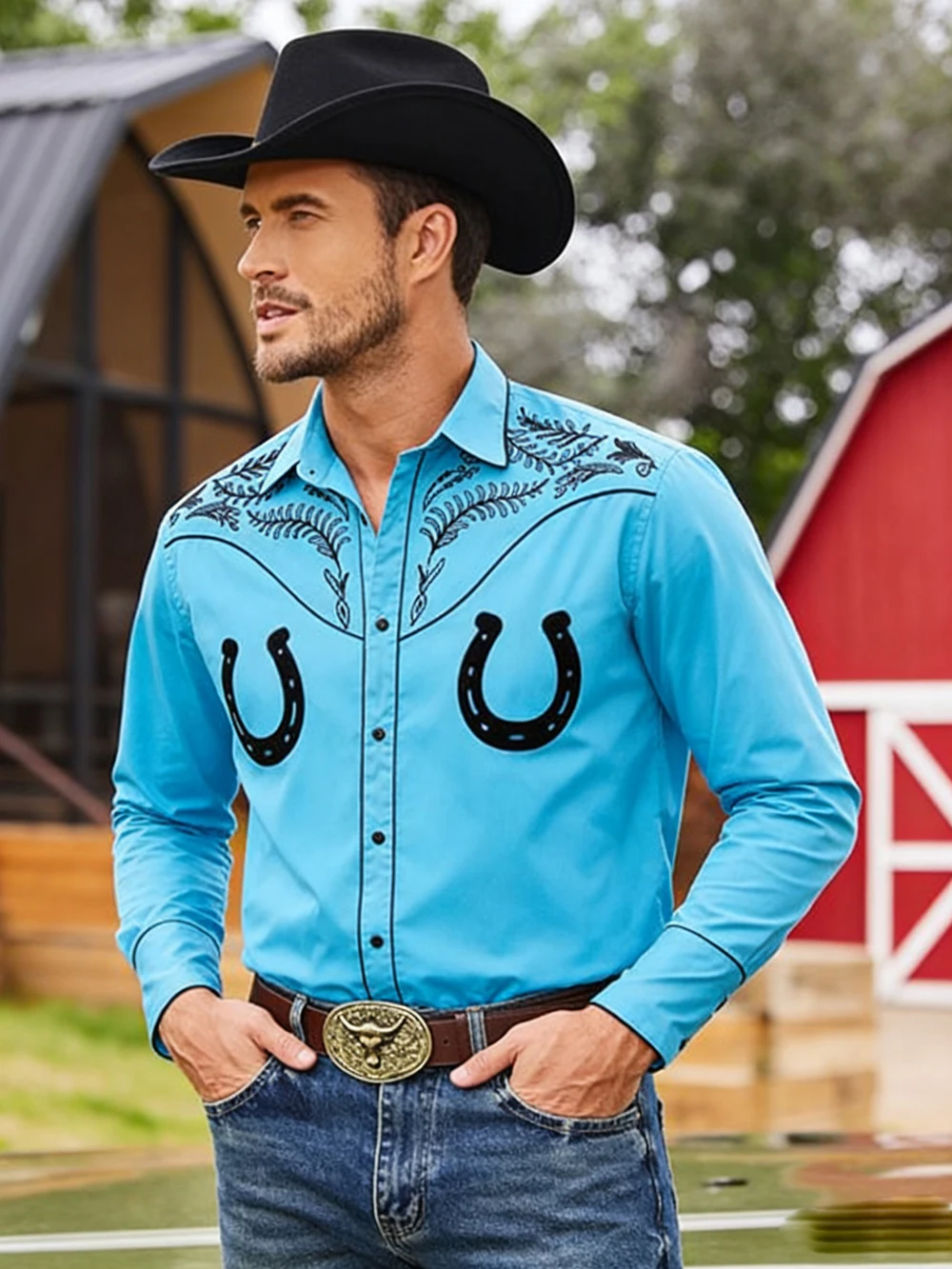 

Men's American Country Farm Culture 3D Printed Black Shirt Long Sleeve Collar Button Business Casual Hawaiian Shirt Men For You