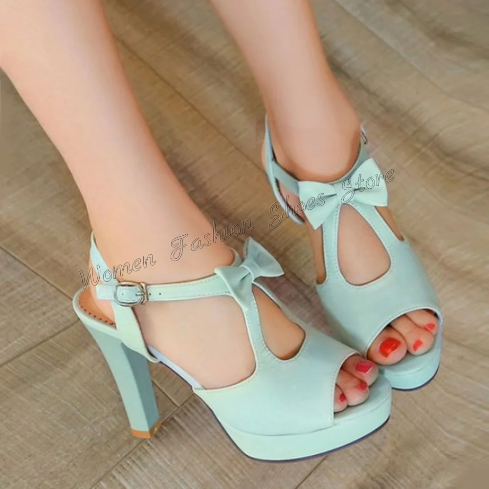 

Blue Peep Toe Bow knot Decor Sandals Cut Out Ankle Buckle High Heel Shoes for Women Party Heels 2024 New Zapatos Para Mujere