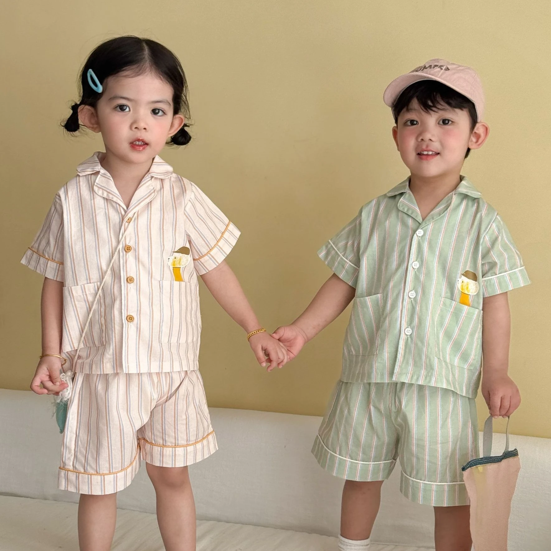 Set 2026 Spring and Summer New Children's Wear Korean Style Boys and Girls Refreshing Thin Striped Pajamas Two-piece Set