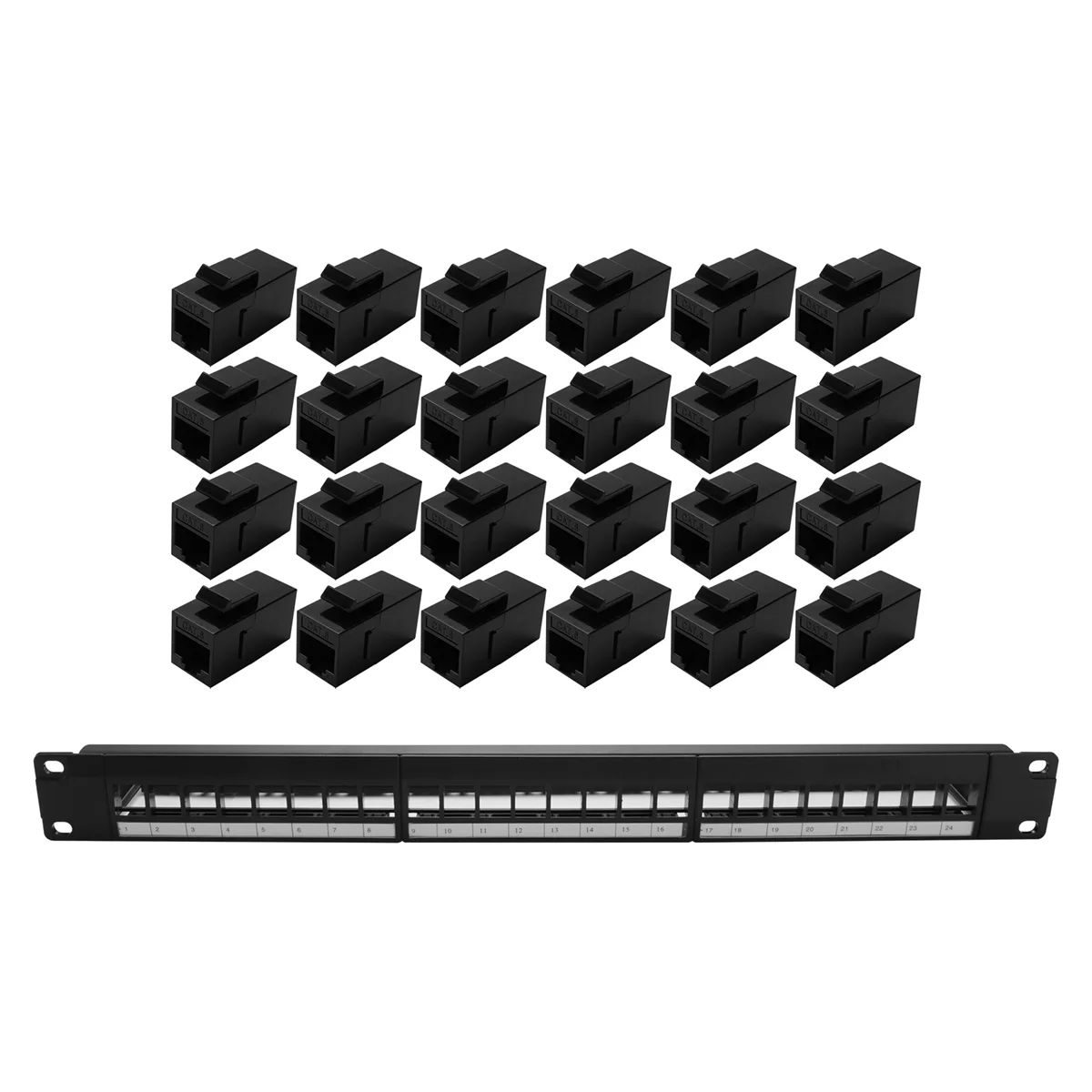 19Inch 1U Cabinet Rack Pass-Through 24 Port CAT6 Patch Panel RJ45 Cable Adapter Keystone Jack Modular Frame