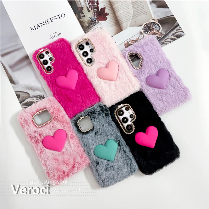 For Motorola Moto E20 E30 E40 E22 E32 Fur Case 3D Love heart Phone Cover Colorful Soft Mobile Phone Accessories