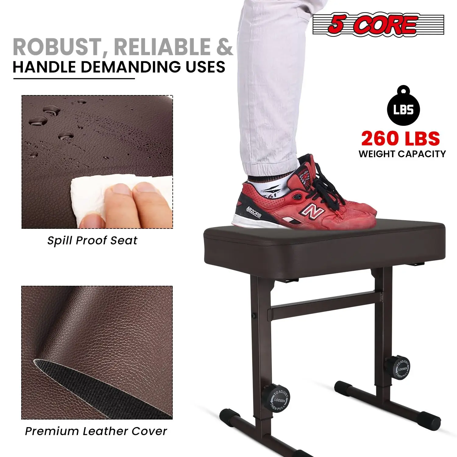 Banco de teclado de 5 núcleos, banco de piano estilo T, assento acolchoado grosso marrom |   Altura ajustável de 17 a 22 polegadas |   Cadeira de teclado