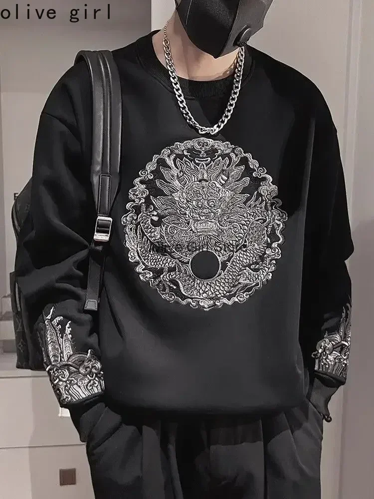 Long Sleeved T-shirt Tee Embroidered Traditional Chinese Fashion Round Neck Sweatshirt Men Spring Autumn High-end Trendy Coat