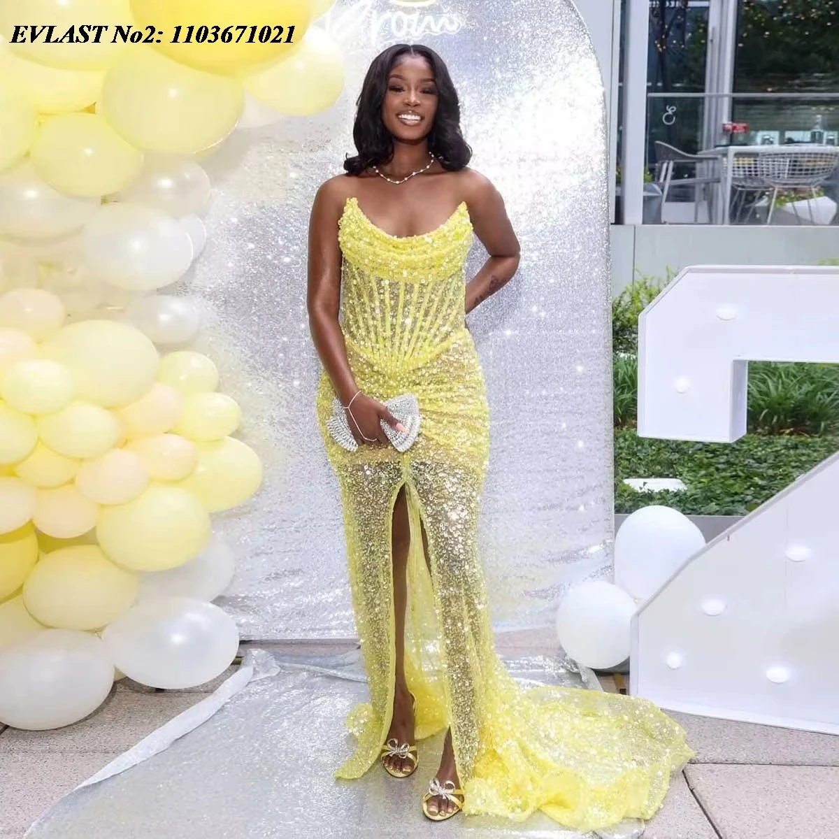 

EVLAST Customized 2025 Crystals Beaded Evening Dress Aso Ebi Yellow Beading Lace Birthday Dress African Formal Party Gown E2P575