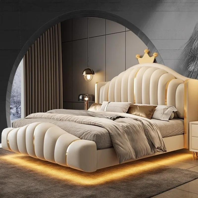 

Suspended light luxury adult double high-end LED smart light leather master bedroom queen luxury soft bed