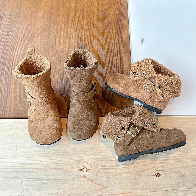 

Kids Leather Boots Versatile Round Toes Girls Princess Boots Suede Warm 2025 Winter Children Fashion Boots Casual Two-way Wear