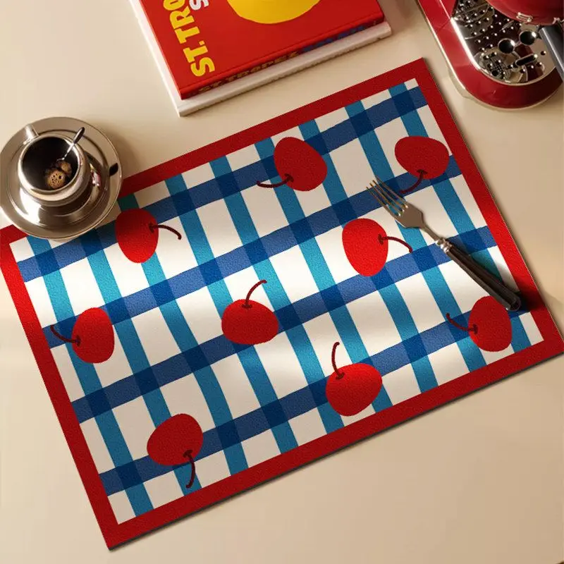VIKAMA Cute Retro Cherry Dish Drying Mat Blue Gingham Checkered Red Border Vintage Kitchen Countertop Decor for Home Gift