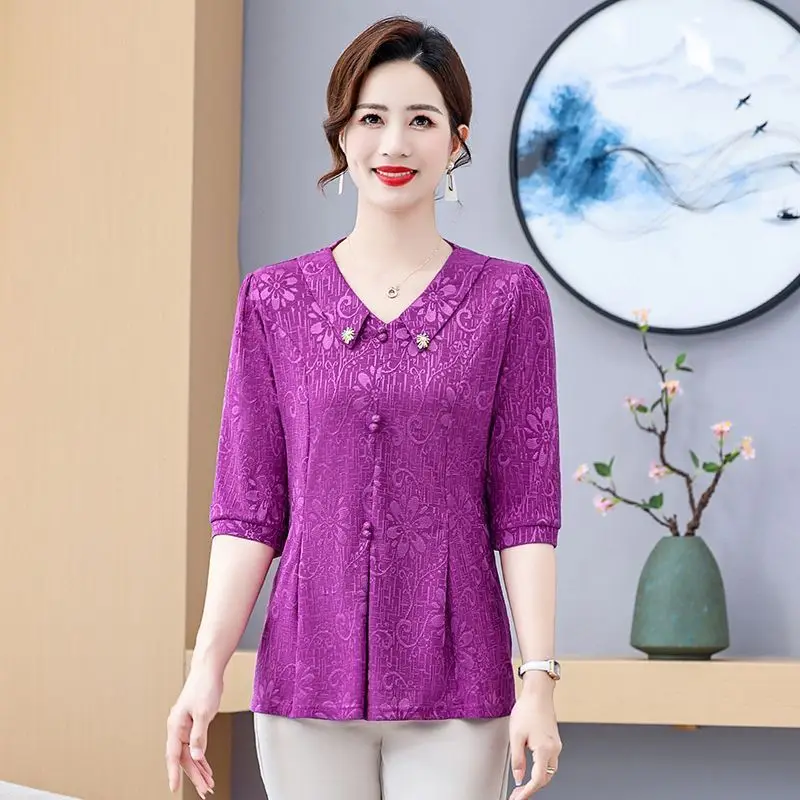 Nuevo estilo, ropa de verano para madre, Top de manga 3/4, camiseta elegante de moda para mediana edad y personas mayores