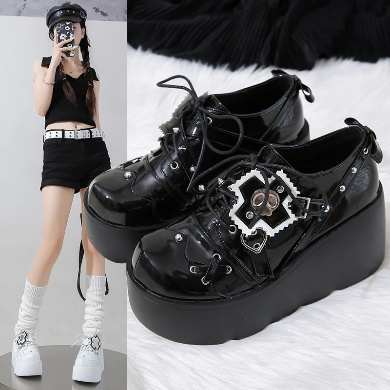 9CM Punk Style Women Shoes Rock Metal Decor Lace-up Heel Height Platform Shoes Gothic Man Sneakers Women Ankle Boots 2024 New