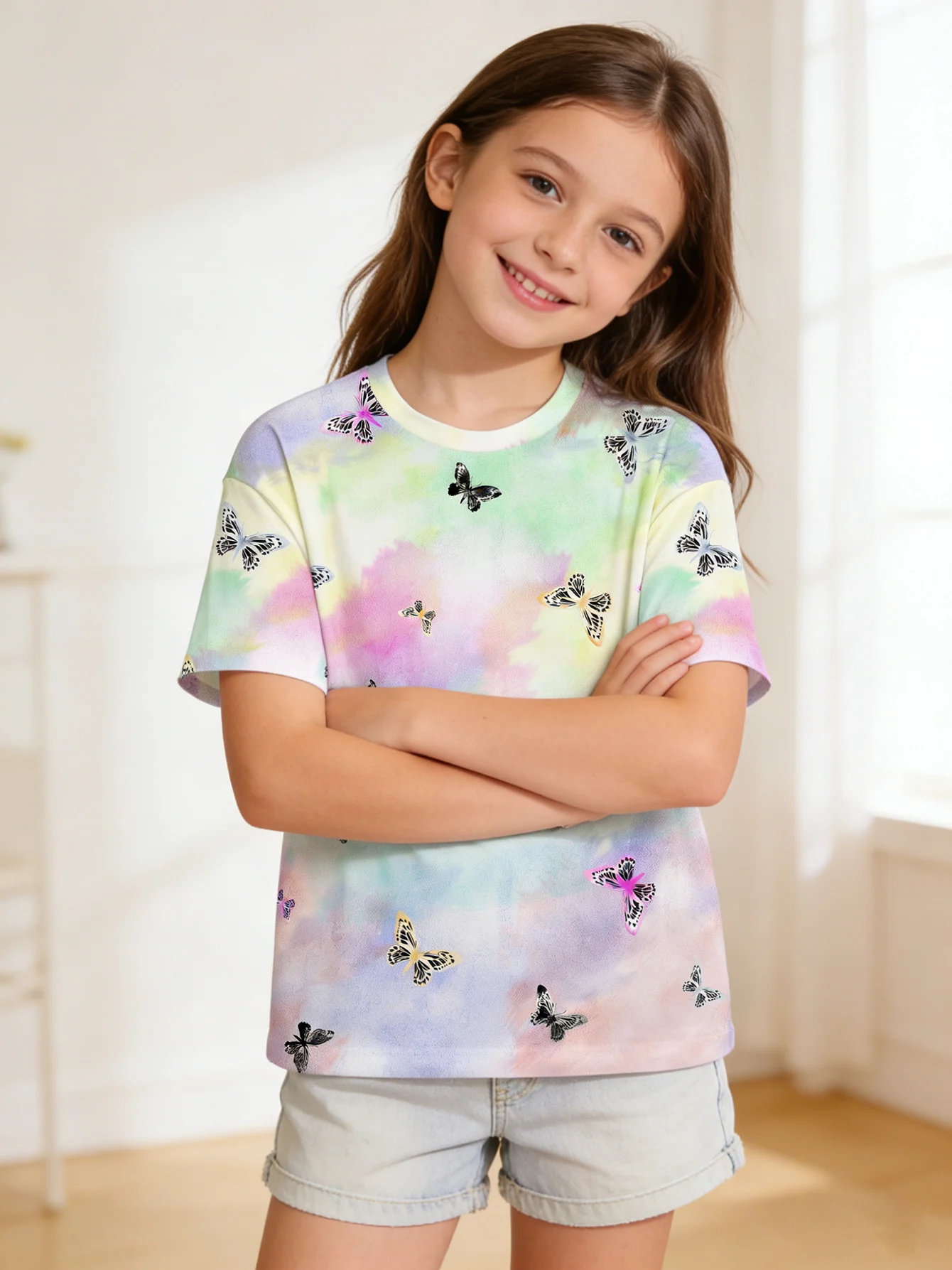 

2026 girls' pink, green, purple watercolor tie-dye butterfly full print short-sleeved T-shirt casual top