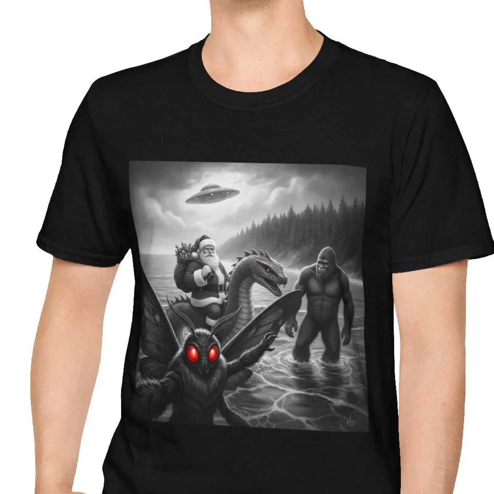 Cryptid Scene T Shirt Bigfoot Santa Nessie Mothman vintage Washed Breathable Stretched Comfortable Soft Versatile fashion homme