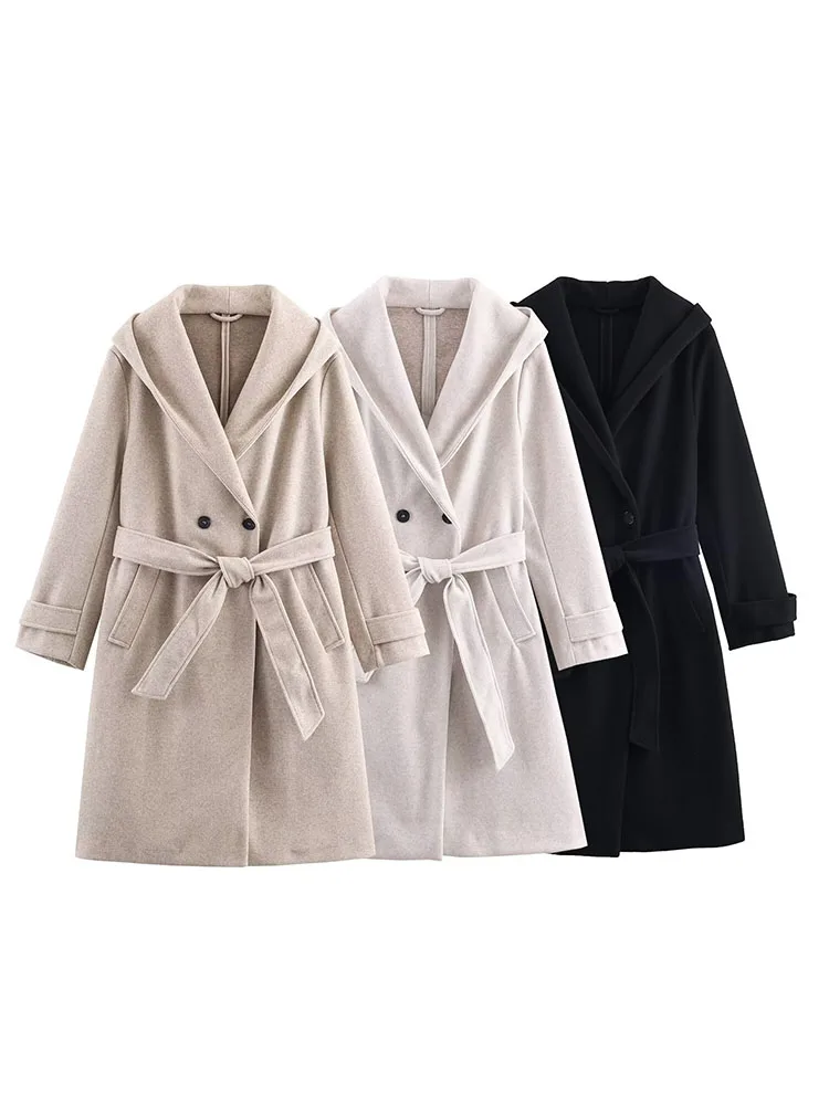 

2025 Women Autumn Winter Wool Blends Coats Vintage Solid Hooded Sashes Bow Female Elegant Street Outerwear Clothing