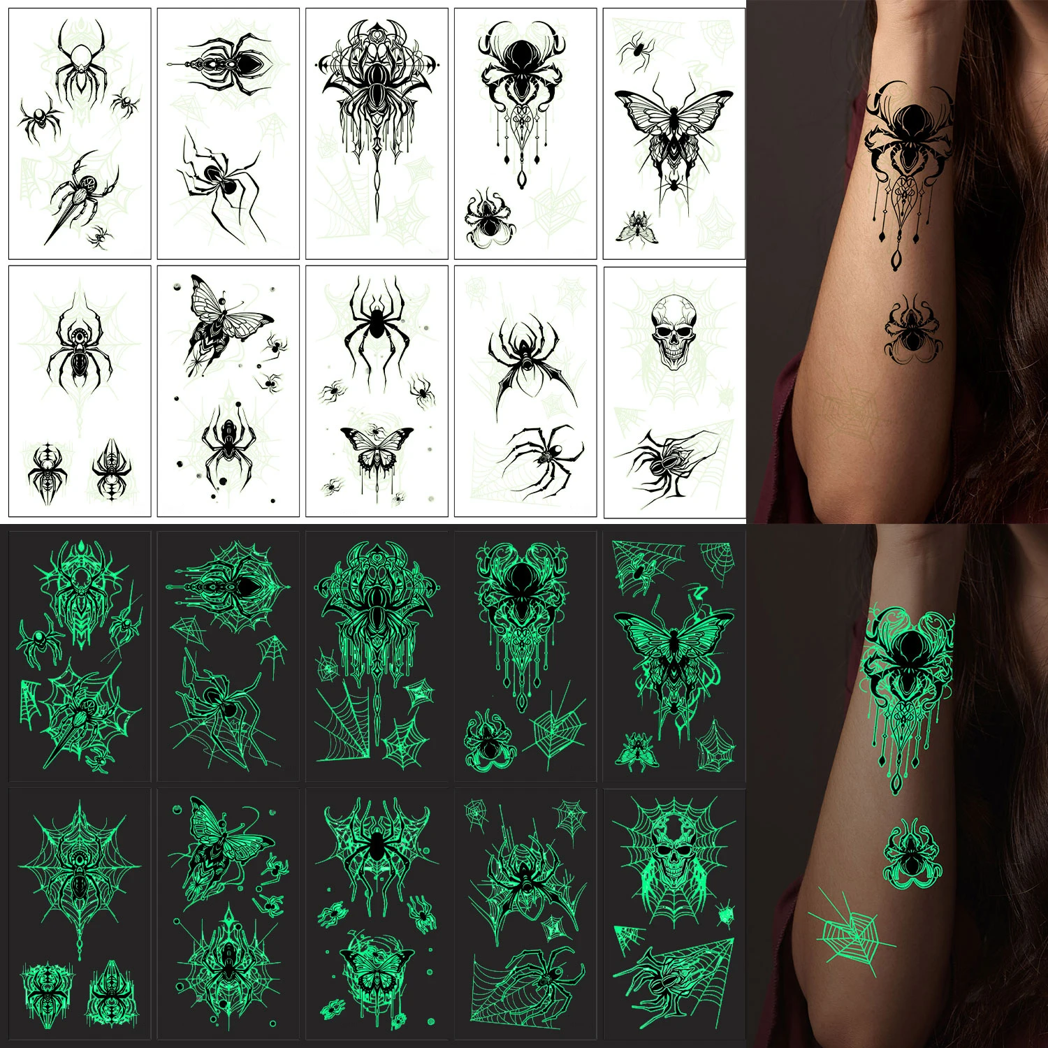 Halloween Glow in the Dark Temporary Tattoos (10 Sheets), Luminous Skull & Spider Web Designs, Waterproof Fake Tattoos Stickers