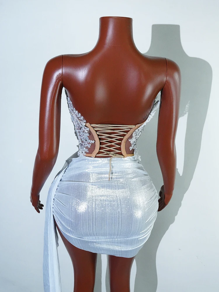 Sexy White Mirrors Top Skirts Set Dress Music Festival Party Birthday Nightclub Singer Dancer Stage Wear Drag Queen Prom Outfit