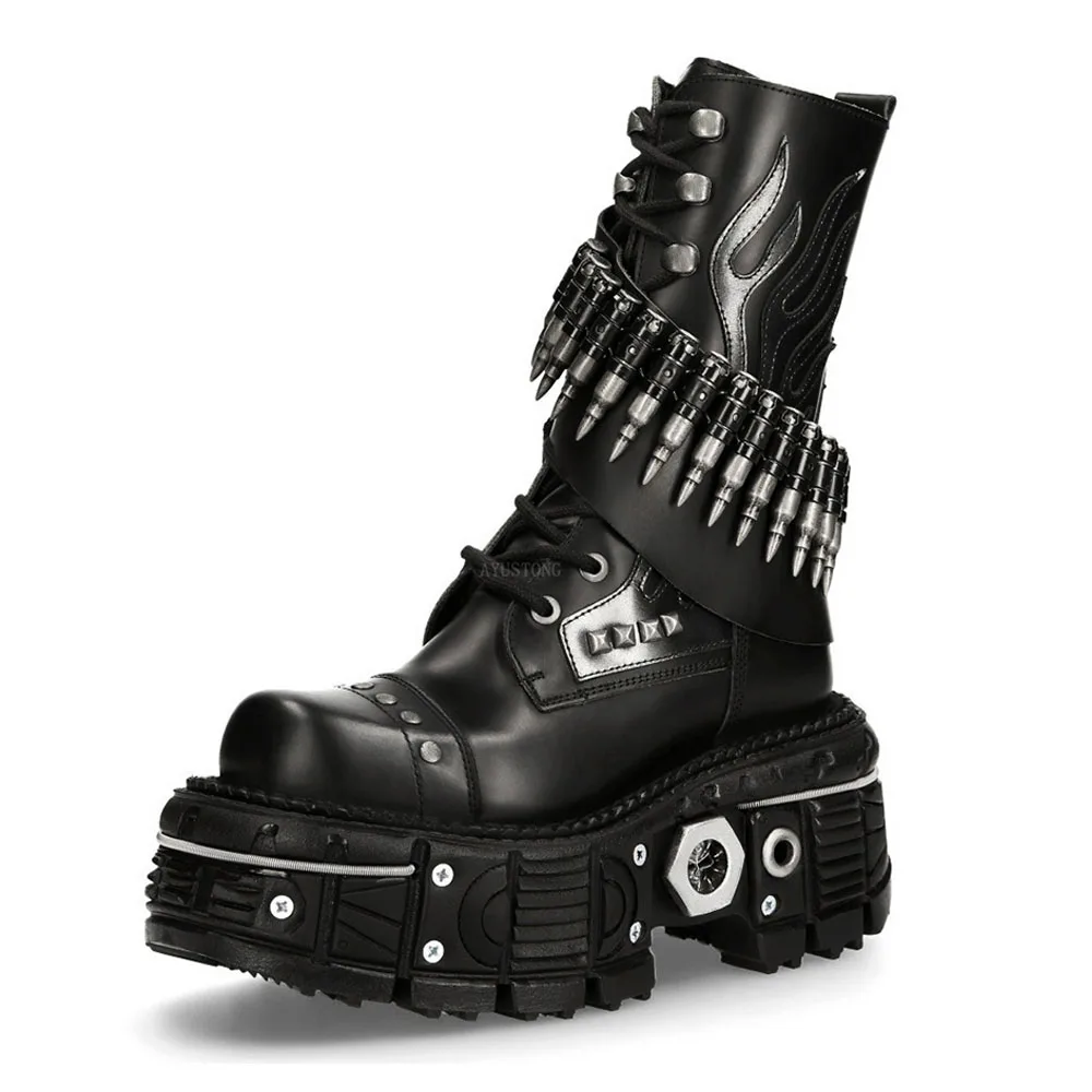 New Thick Sole Rivet Bullet Fashion Genuine Leather Motorcycle Boots Street Rock Combat Boots Punk Western Riding Boots