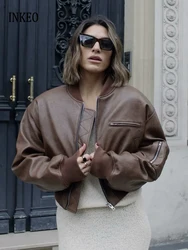 Fashion Women's Brown Faux leather bomber jacket 2026 Autumn High street Zipper cropped coat Oversize Female clothing 4O079