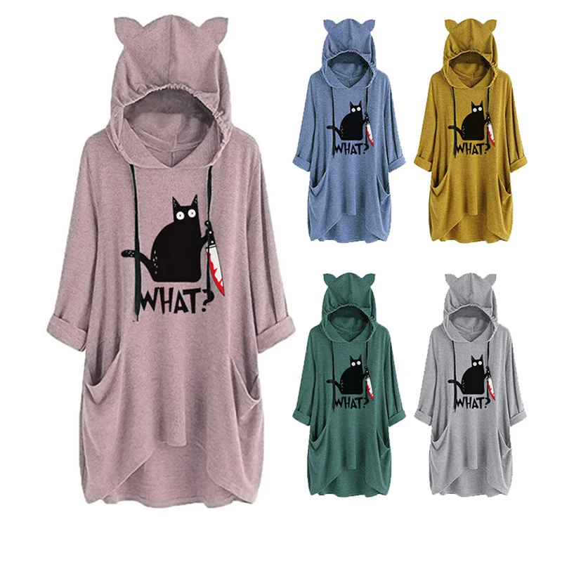 New autumn and winter cotton women's fashion WHAT cute black cat print fashion trend Cat ear pocket long hoodie