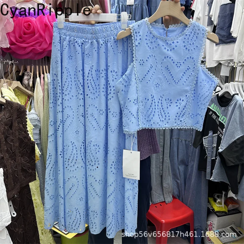 

New Spring Summer Women Two-piece Set Elegant Hollow Out Sleeveless Vests Top + Elastic Waist Casual Long A-line Skirt Suits