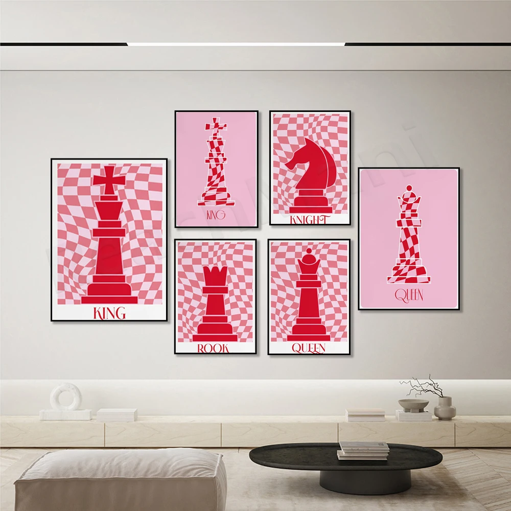 Pink and red hippie chess prints, stylish art prints, colorful playful posters, modern wall decor gifts