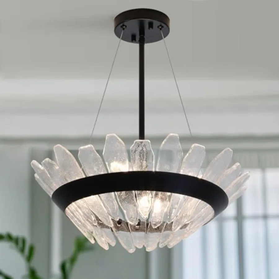 

17.7" Modern, 4-Light Adjustable Height Round Drum Pendant Light with Seedy Glass, for Dining Room, Kitchen Island, Foyer