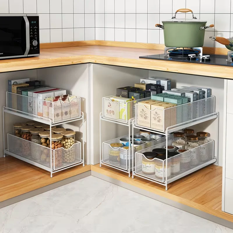 Ultra-Narrow Double-Layer Retractable Storage Rack for Kitchen Sink Cabinet Organizer Tiered Shelf Storage Basket Space-Saving