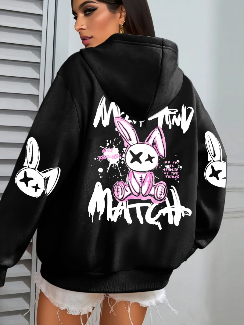 Graffiti Bunny Graphic Hoodie Y2K Streetwear Hooded Sweatshirt Back &‑sleevPrinCartoon Rabbit With X Eyes Pullover For Women