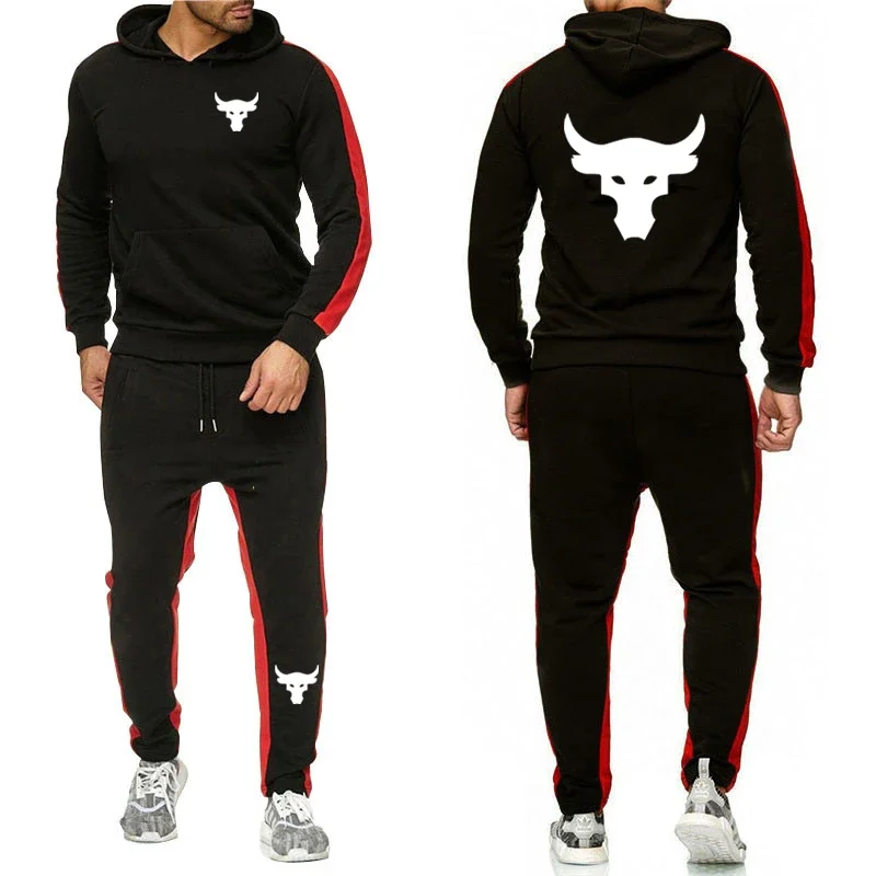 Dwayne Johnson Brahma Bull Tattoo Logo Print Spring Autumn Men's Tracksuit High Quality Loose Hoodies+Casual Trousers Sports Set